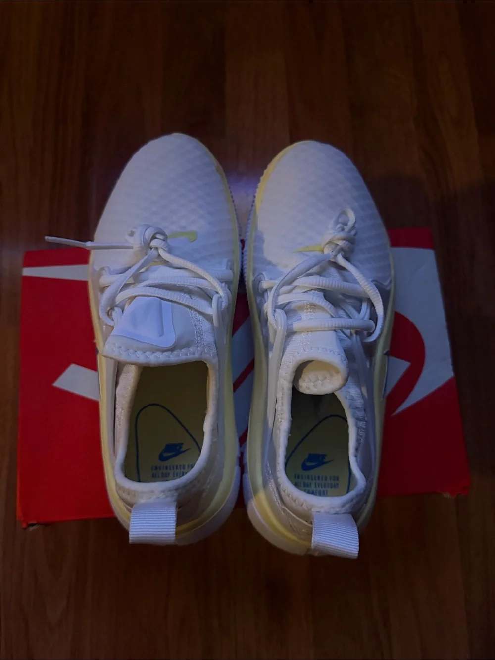 Nike White Athletic Sneakers with Blue Swoosh and Cream Trim